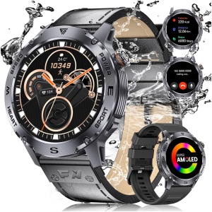 ESFOE Reloj Inteligente Hombre(2 Correas),1.43'' AMOLED Smartwatch Militar 100+ Modos Deportivos,Pulsómetro/Monitor de Sueño/Podómetro Llamadas Bluetooth 5ATM Impermeable Smart Watch Redondo Cuero